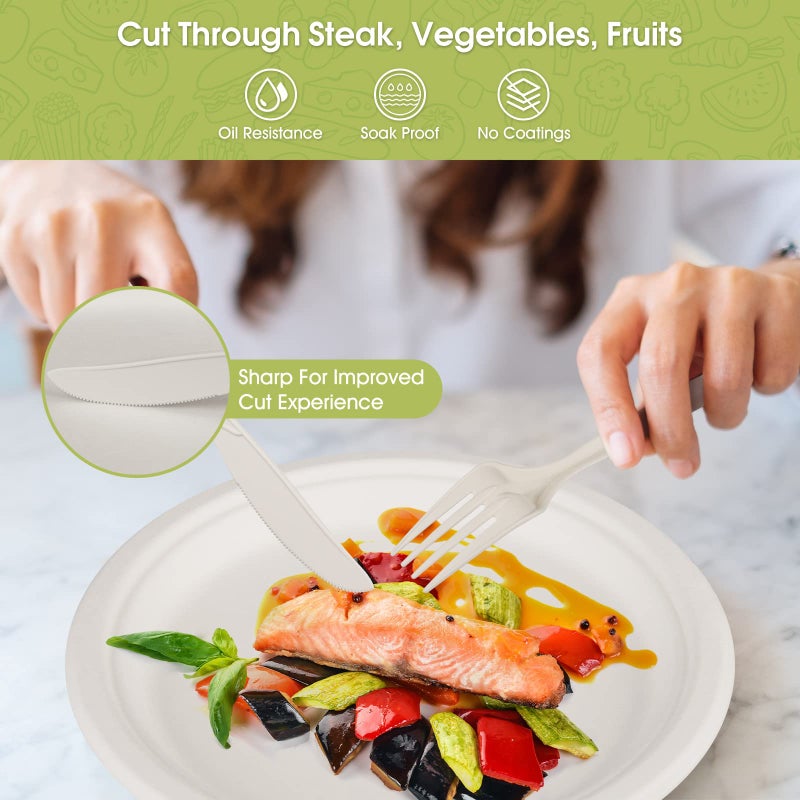Fuyit 250Pcs Compostable Paper Plates with Cutlery Set, Disposable Biodegradable LONG Utensil Eco-Friendly Dinnerware Includes Plates, Fork, Knife & Spoon for Party, Camping, Picnic (White) - Image 5